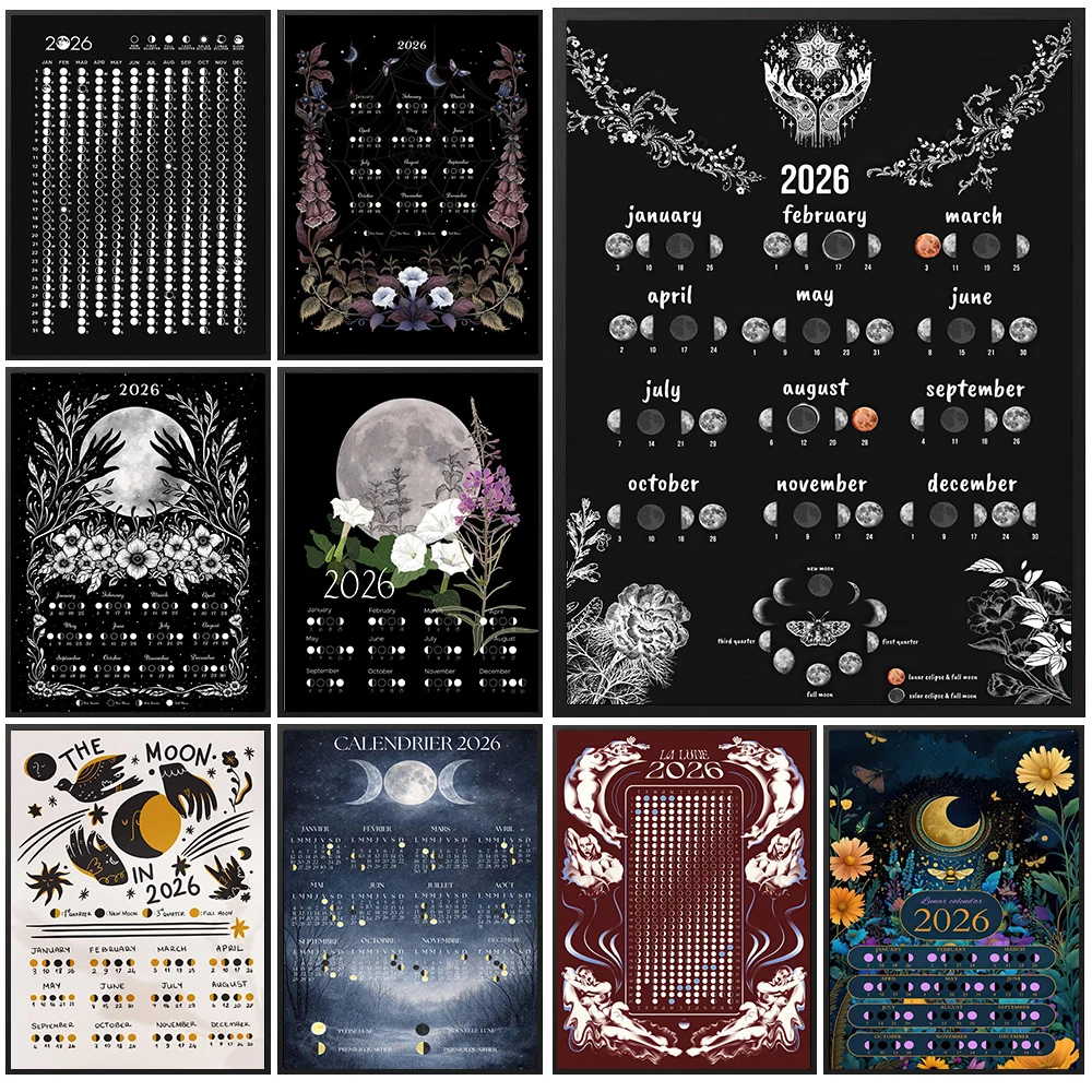Moon Phase Calendar 2026 Wall Art,Celestial Moon Cycle Chart Canvas Painting,Minimalist Witch,Wicca,Astrology Art Poster Print
