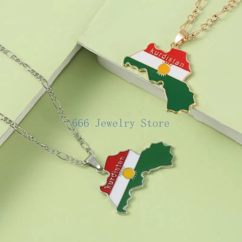 F2TD Kurdistan Map Charm Necklace Flag Pendant Clavicle Chain Ethnic Choker Jewelry