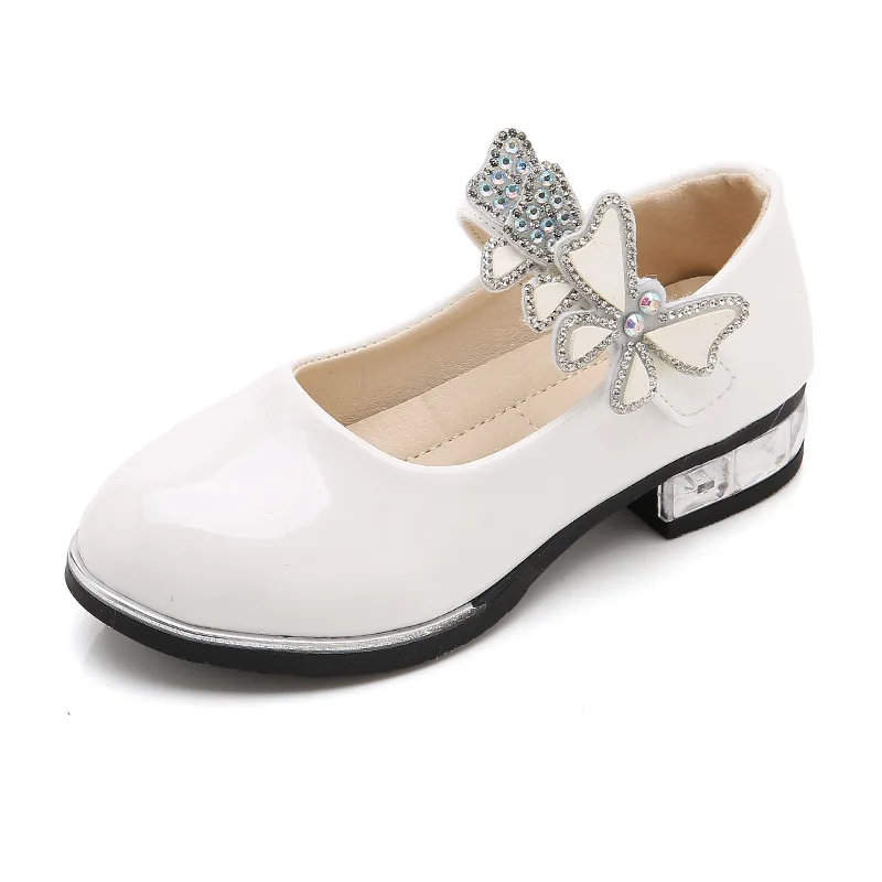 Girls Leather Shoes 2023 Spring Summer PU Patent Leather Kids Dress Shoes High Heels Butterfly-knot Dress Shoes for Wedding Chic