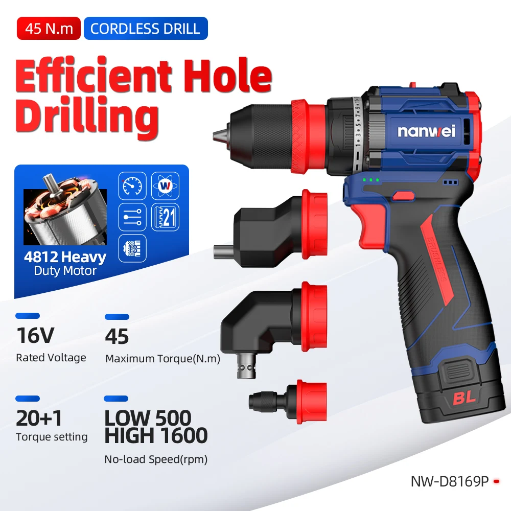 NANWEI 45NM Ricaricabile Cordless 16V Motore Brushless Trapano Multi-Bit Fai da Te Uso Domestico Trapano Multifunzione per la Decorazione Domestica