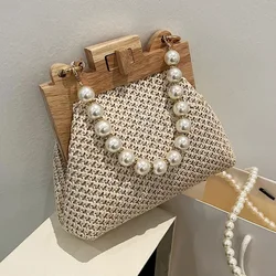 2024 Women's Bag New Grass Knitted Pearl Crossbody Bag with Grip Texture Wooden Handle, Unique Weaving Handbag