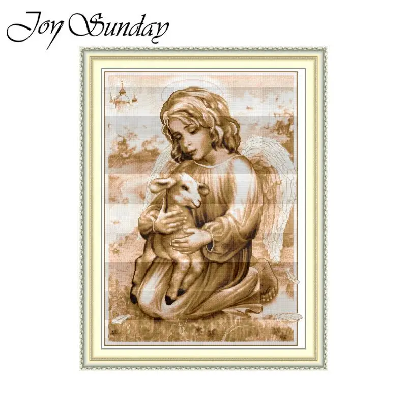

Joy Sunday Cross Stitch The angel and the Lamb HD Pattern Counted Stamped Fabric Aida 16/14CT Printed Fabric DIY Embroidery Set