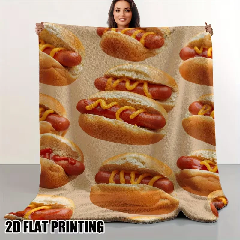 Realistic Hot Dog Mustard Ketchup Food Print Throw Blanket Soft Warm Sofa Bed Blanket Funny Unique Home Decor All Season Use