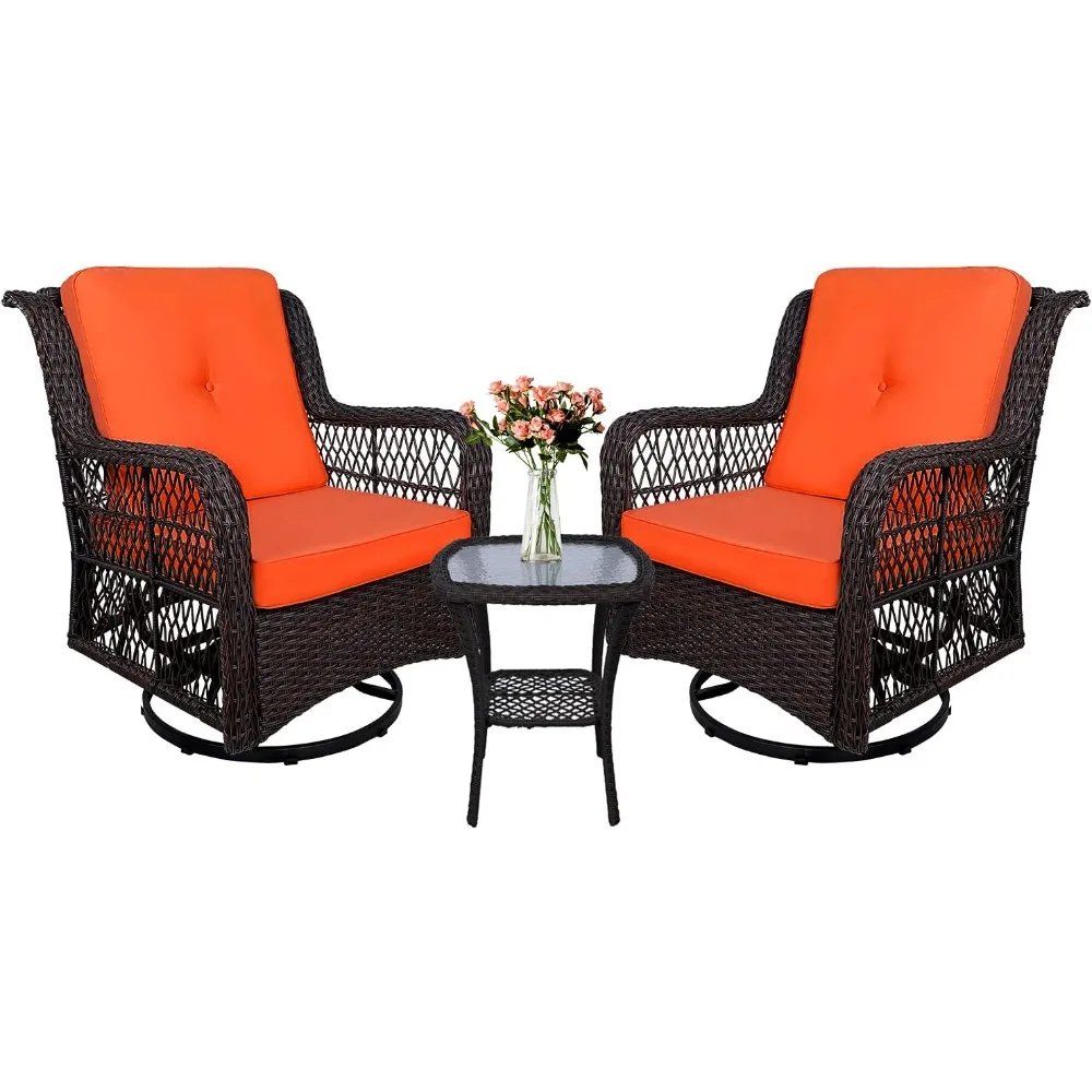 

3-Piece Patio Rocking Chairs Wicker Bistro Set Cushioned, Outdoor Glider Swivel Chair Rattan Furniture Sets