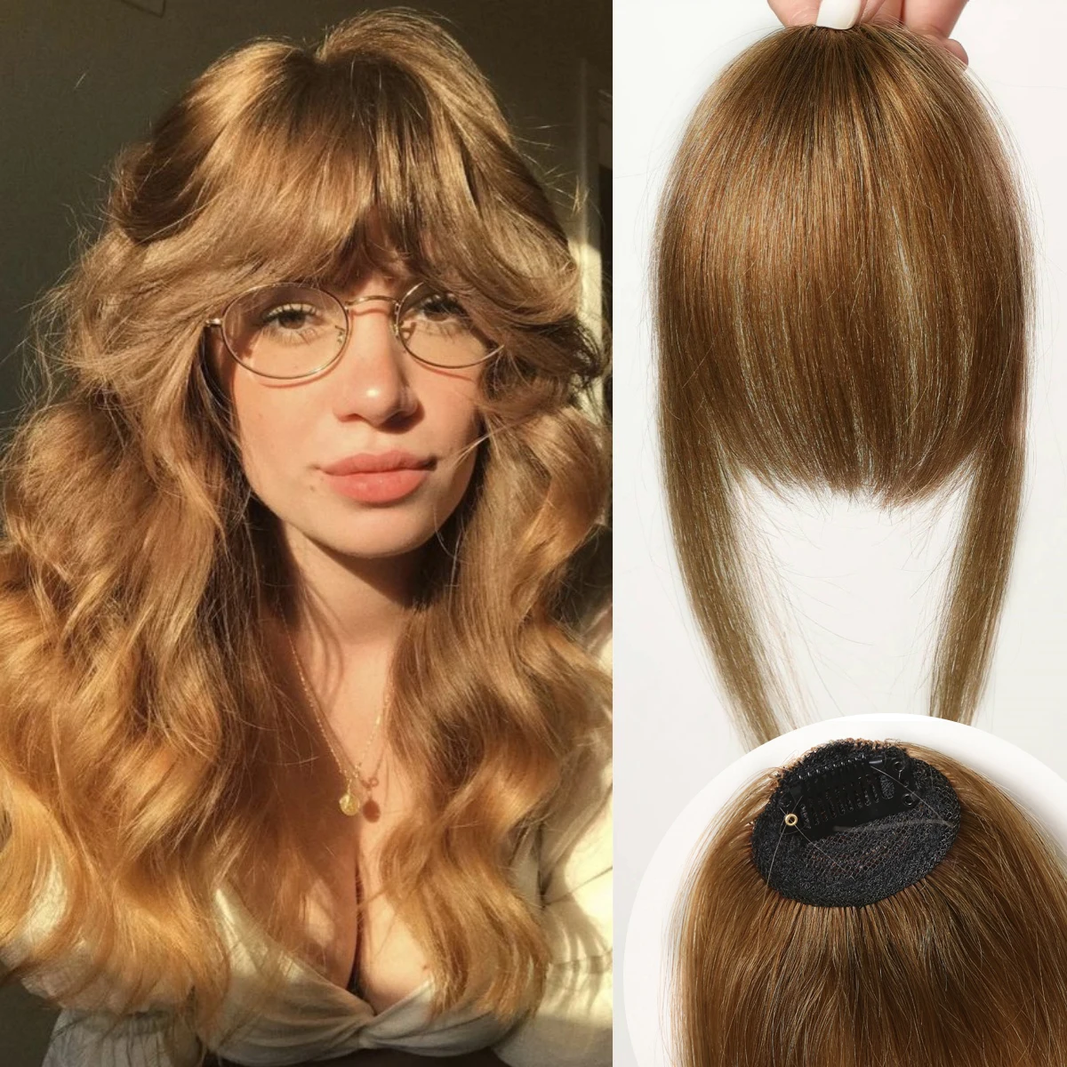 Clip in bangs 100% Human Hair Pieces Golden Brown Natural Straight Wispy Fringe Human Hair Extensions for Women Daily Party Use