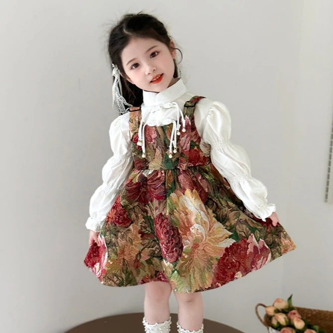

Girls Suit 2025 Autumn and Winter New Children's Clothing Korean Style Girl Baby Bubble Sleeve Shirt Flower Skirt Two Sets