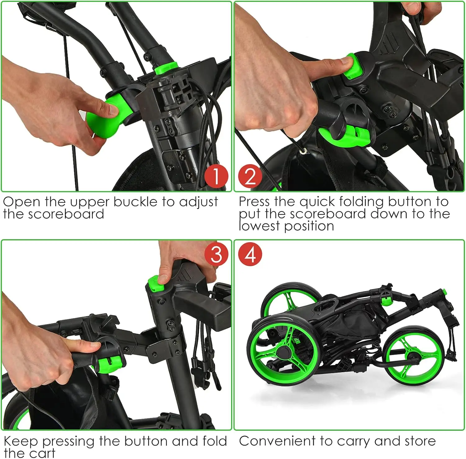 Carro de empuje de golf, carro de empuje de golf ajustable en altura plegable de aluminio de 3 ruedas con soporte para paraguas y bolsa impermeable, Li portátil