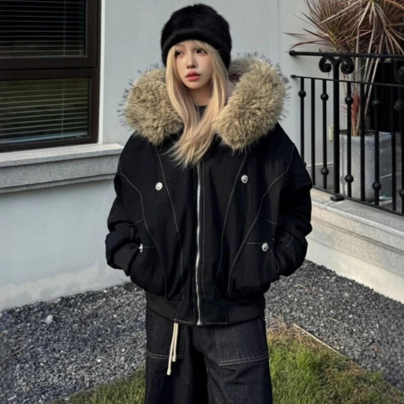 2026 Winter Short Coat Fleece Thicken Parkas Women Cotton-padded Jacket Hooded Fur-collar Windproof Warm Student Loose Outerwear
