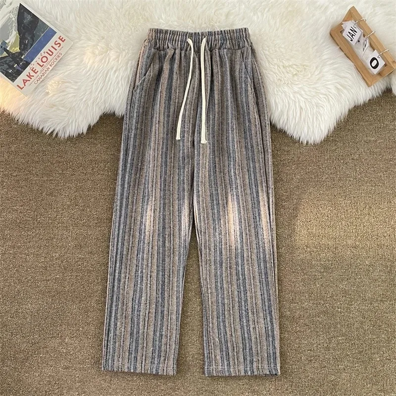 

Полосатые свободные шерстяные драпированные повседневные брюки для мужчин на весну и осень, прямые американские широкие брюки
