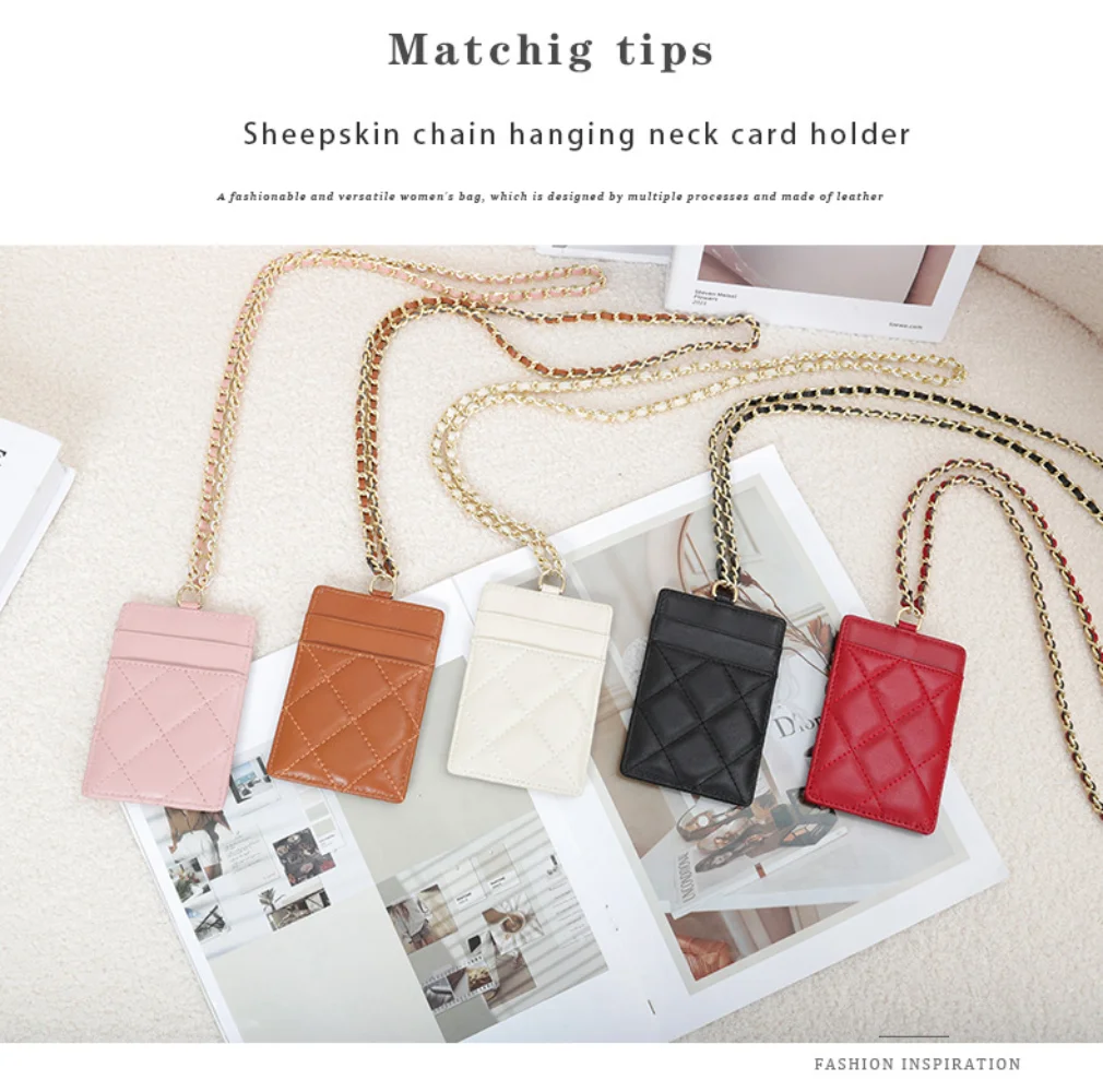 URBAN MASTER Sheepskin Leather ID Holder For Women Genuine Leather Hanging Neck Fashion Chain StrapThin Work Credit Card Holder