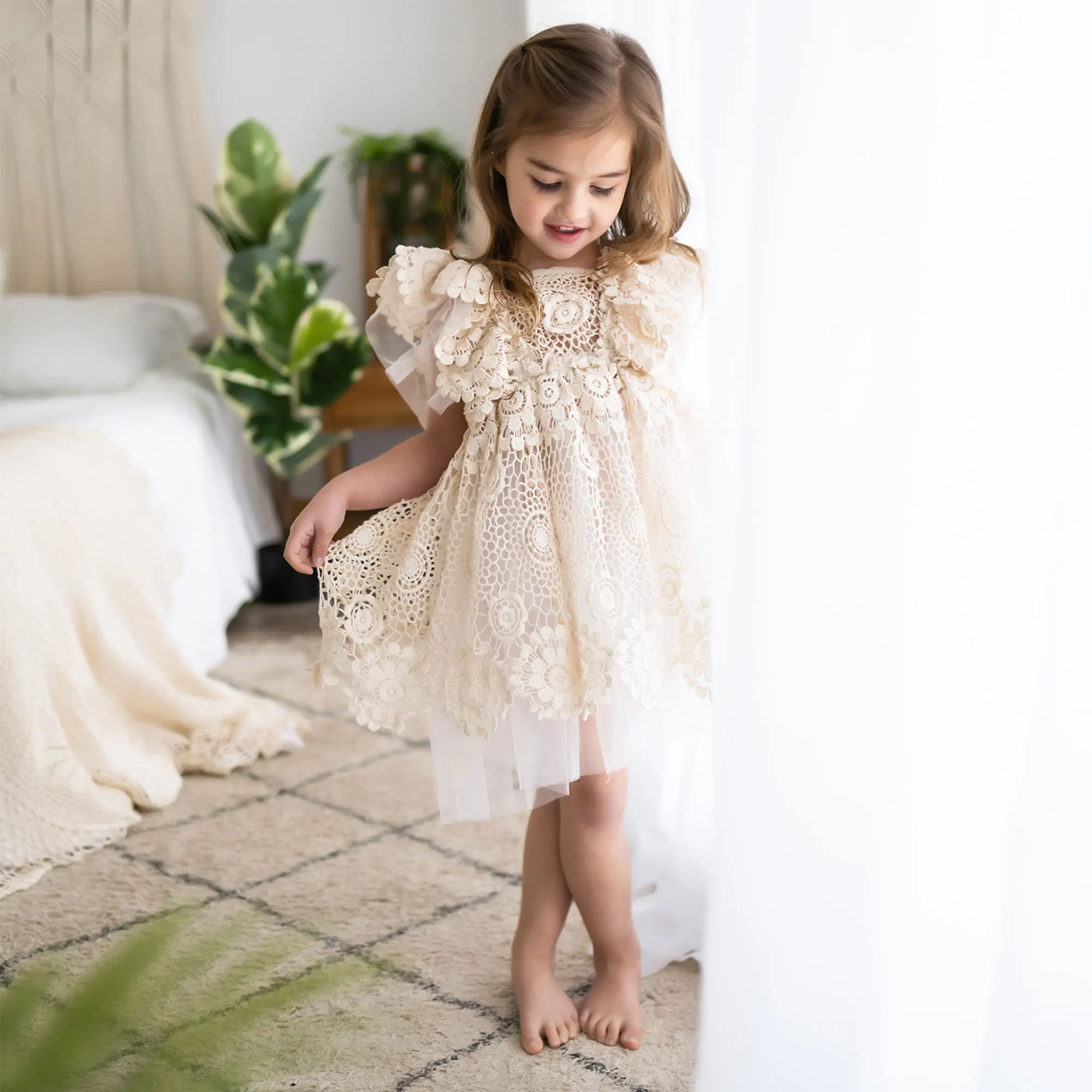 Don&Judy Wrinkle Girl Dress Photo Shoot Props Floral Ruffle Princess Kid Gown for Photography Accessories Children Clothing