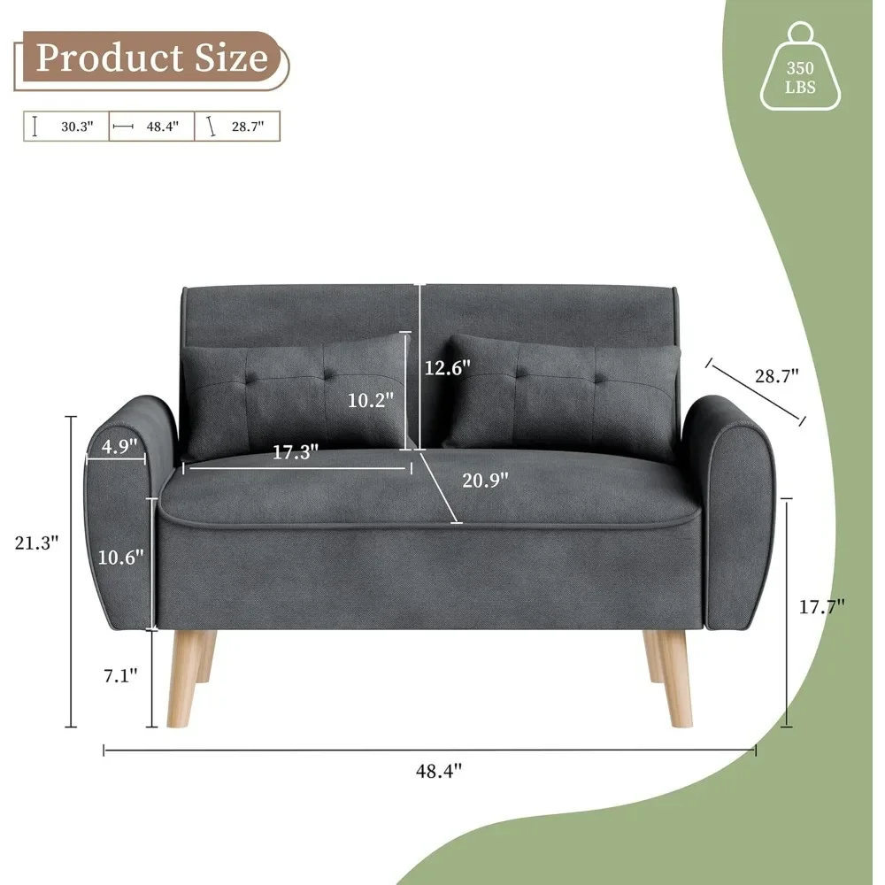 Mid-Century Modern 2-Seat Linen Loveseat Sofa with Tufted Back Cushions and Slim Legs
