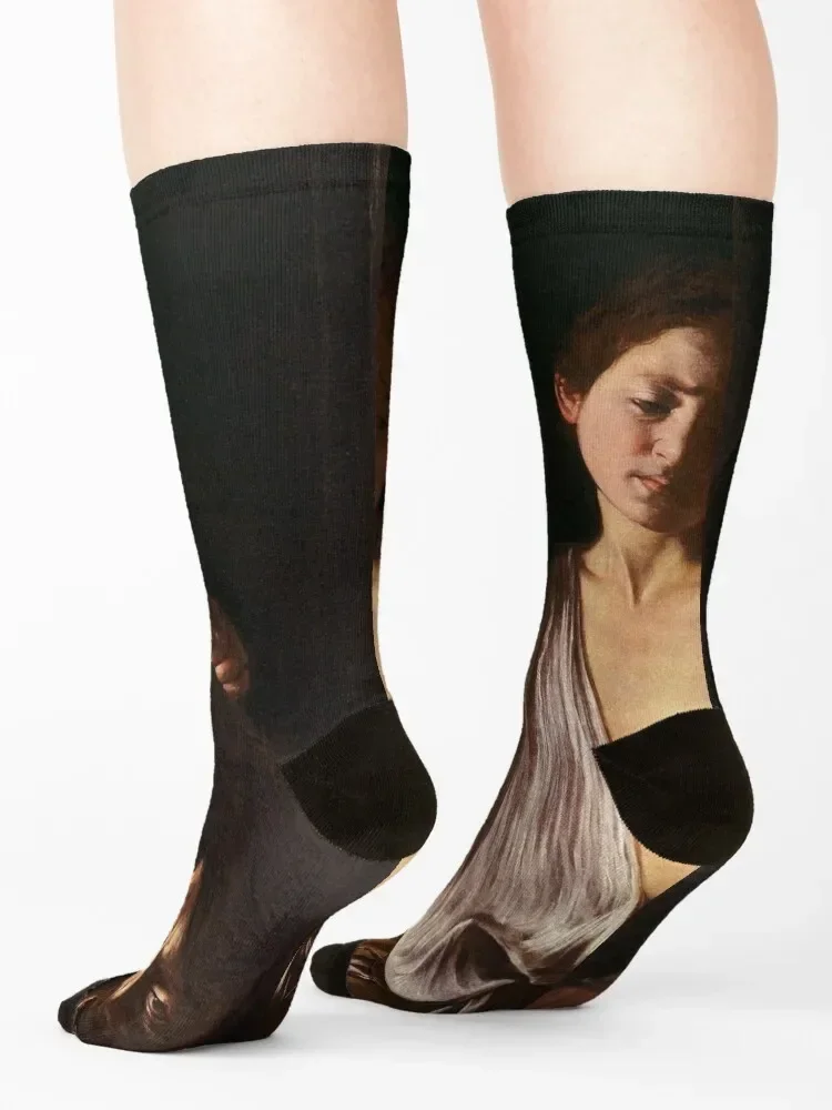 David With The Head Of Goliath Painting By Caravaggio calcetines deportivos personalizados para nieve, mujeres y hombres