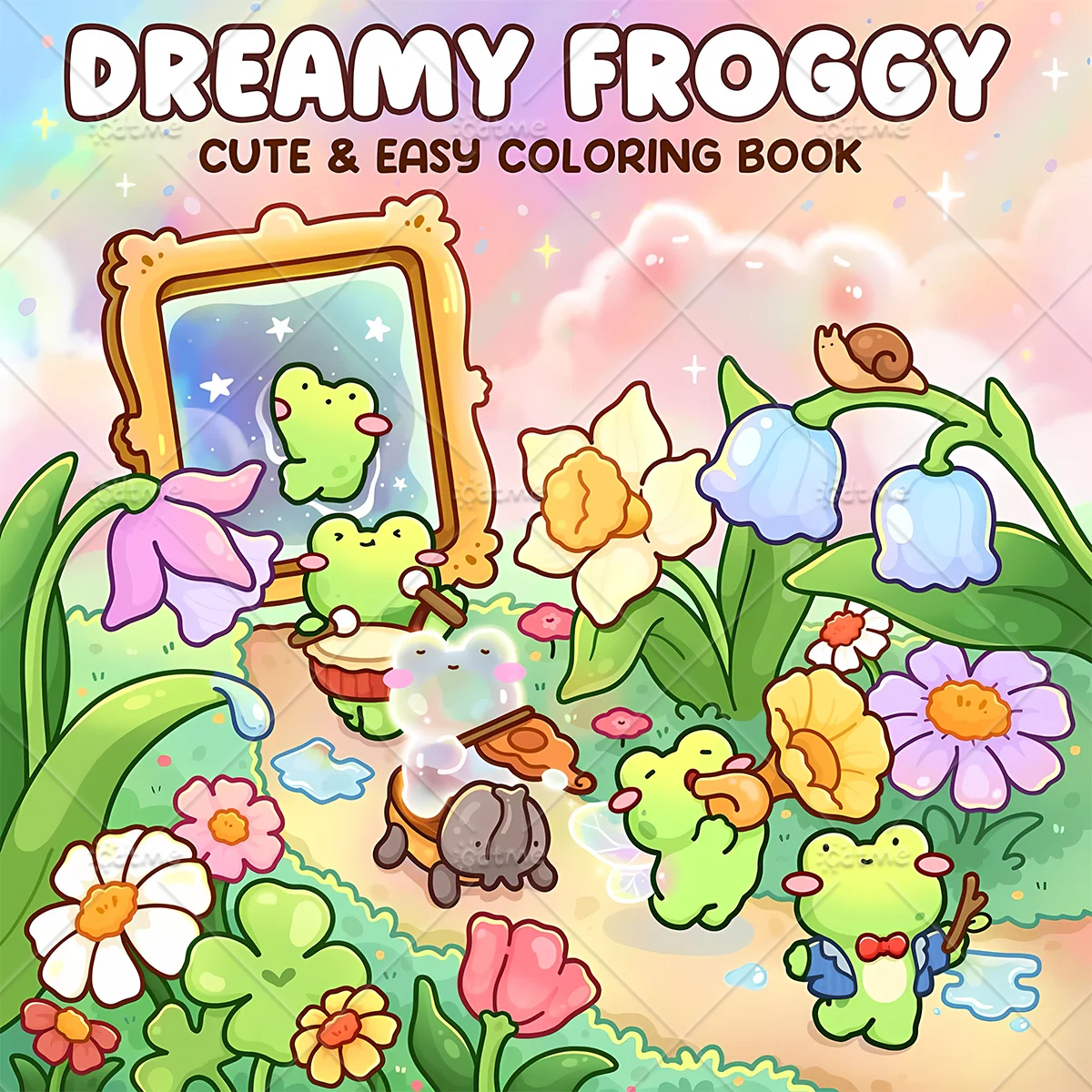 Dreamy Froggy Coloring Book Large Print Cute Fantasy Frog Garden Music Scenes Stress Relief Relaxing Art Drawing Book for Adults