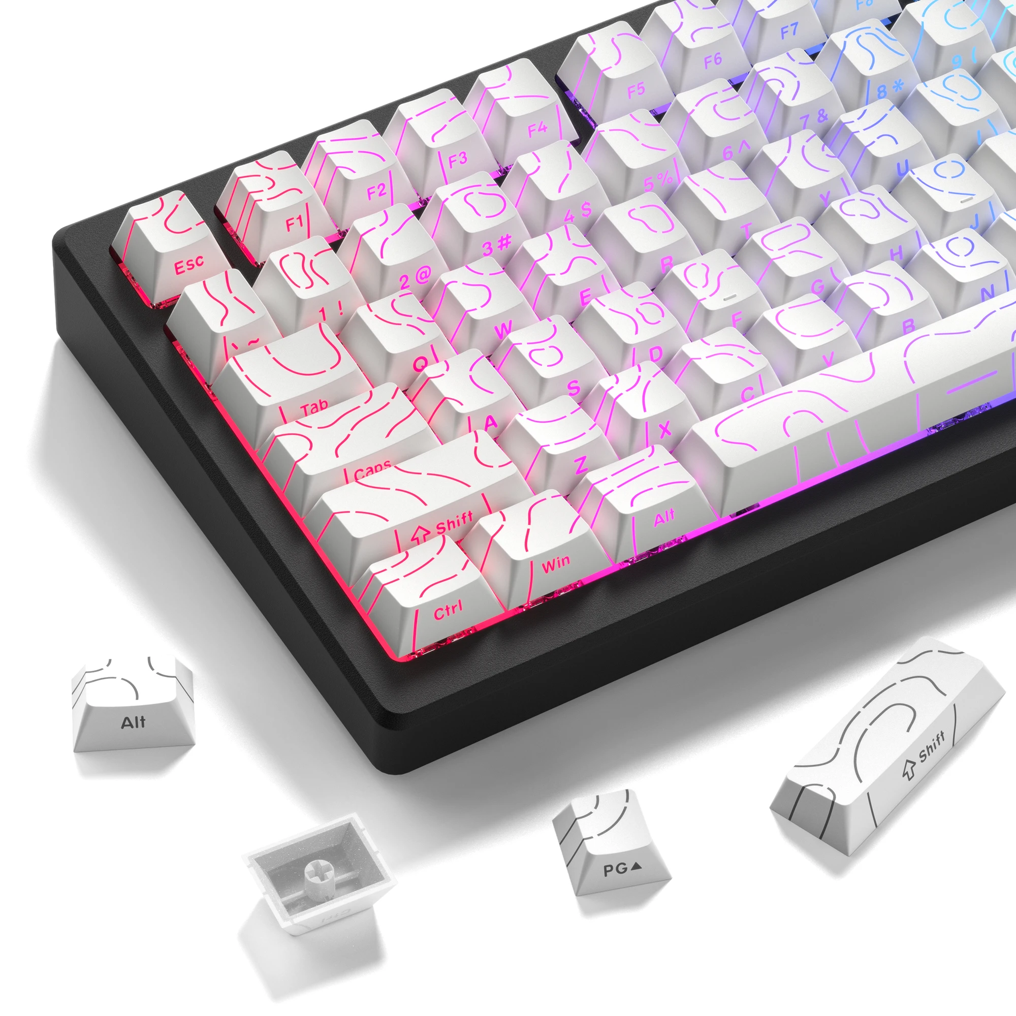 98 Key White Topographic 4.0 PBT Keycaps Double Shot Side Print Shine Through Backlit key caps For MX Gamer Mechanical Keyboard