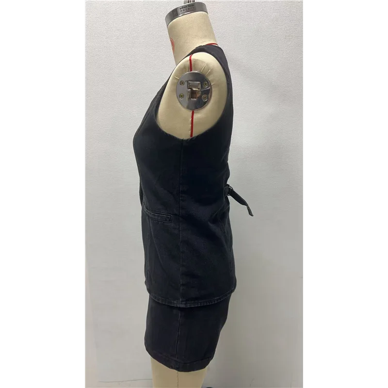 ABRT-طقم نسائي من قماش الدنيم مكون من قطعتين كاجوال بدون أكمام ورقبة على شكل حرف V سترة جينز وسراويل قصيرة عالية الخصر ملابس رياضية