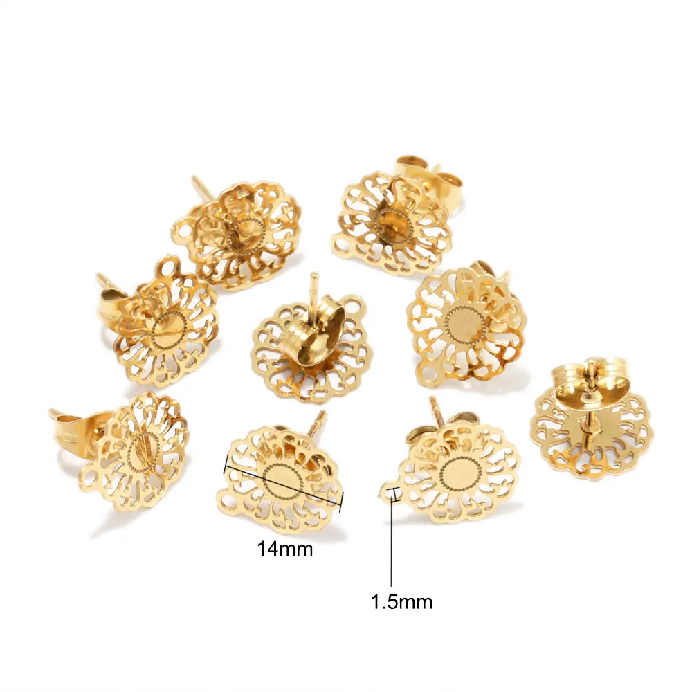 10Pcs Stainless Steel Gold Color Hollow Flower Studs Earrings for DIY Drop Earrings Dangle Charms Connectors Jewelry Making