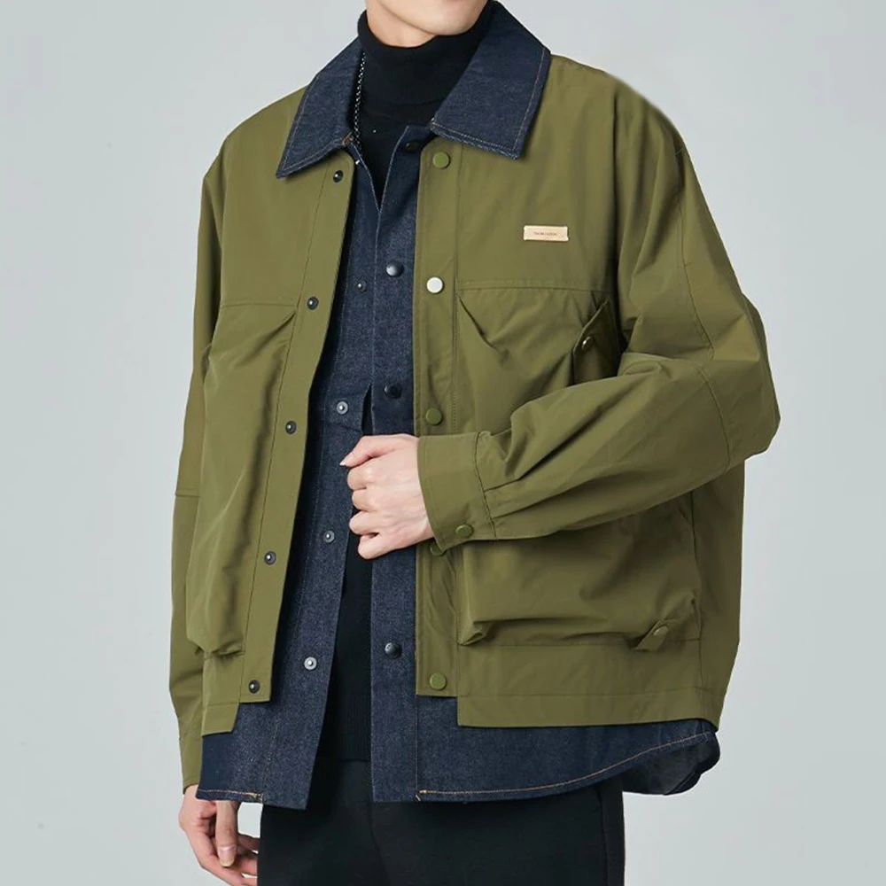 Mens High-Grade Denim Patchwork Jacket Coat Spring And Autumn New Fashion Trend Loose Lapel Fake Two-Piece Workwear Tops Men