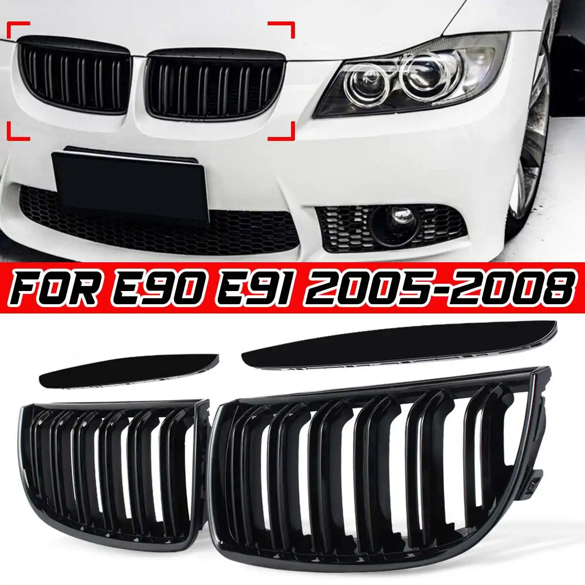 

2x E90 E91 Front Kidney Grille Car Front Bumper Grille Grill Double Slat Sport Kidney Grille Grill For BMW E90 E91 2005-2008