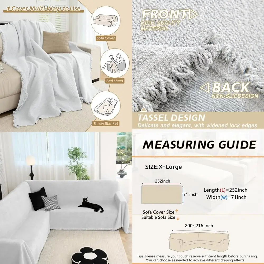 

Plush Sectional Sofa Cover L-Shaped with Tassel, Thick Soft Couch Cover for U-Shaped Sofa, Washable Dog Furniture Protector, 71x