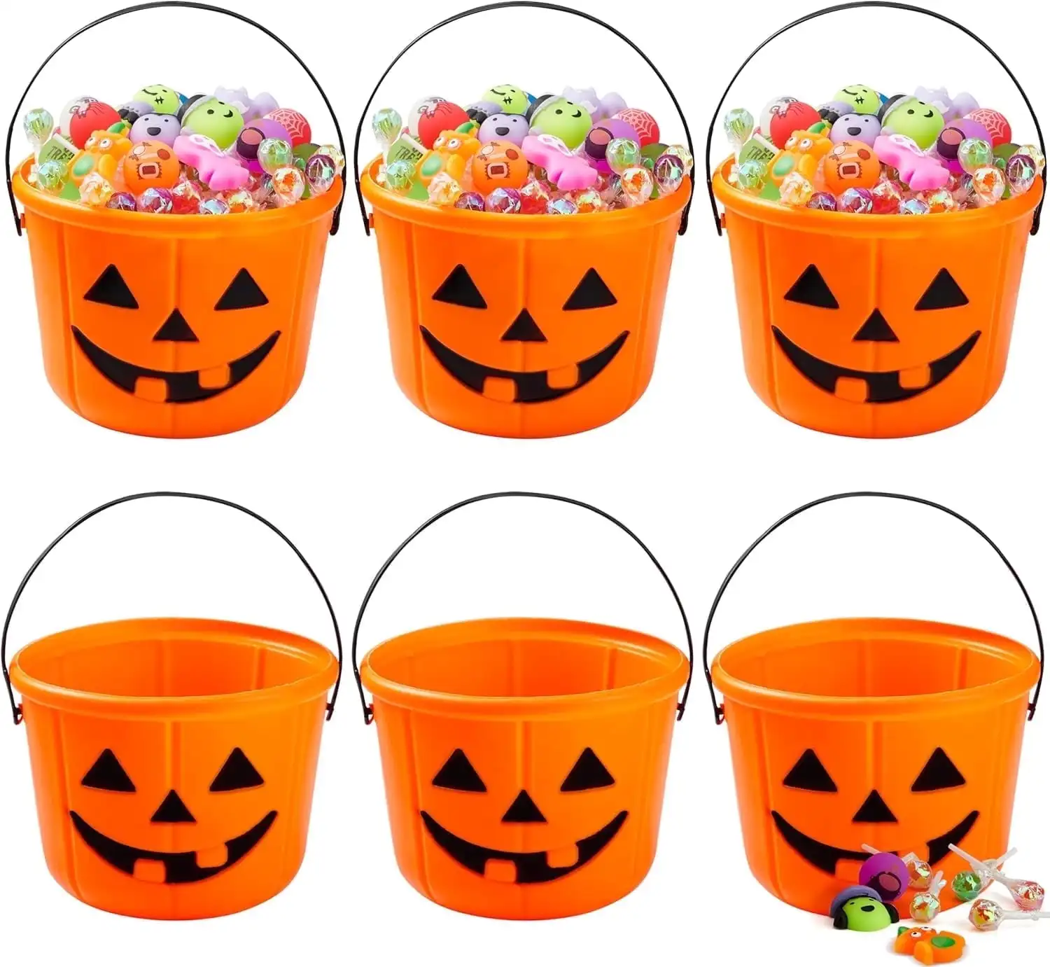 6 PCS Halloween Trick or Treat Pumpkin Bucket Jack O Lantern Candy Basket and Buckets Orange Halloween Pails with Handle for Kids Halloween Party Favor Supplies