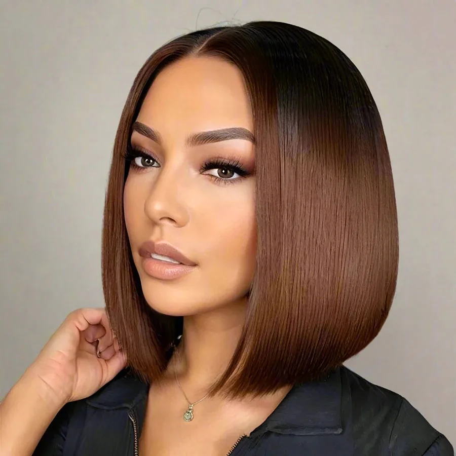 Chocolate Brown Bob Wigs Human Hair 200 Density 13x4 Lace Frontal Wig Bone Straight Lace Frontal Bob Human Hair Wigs For Women