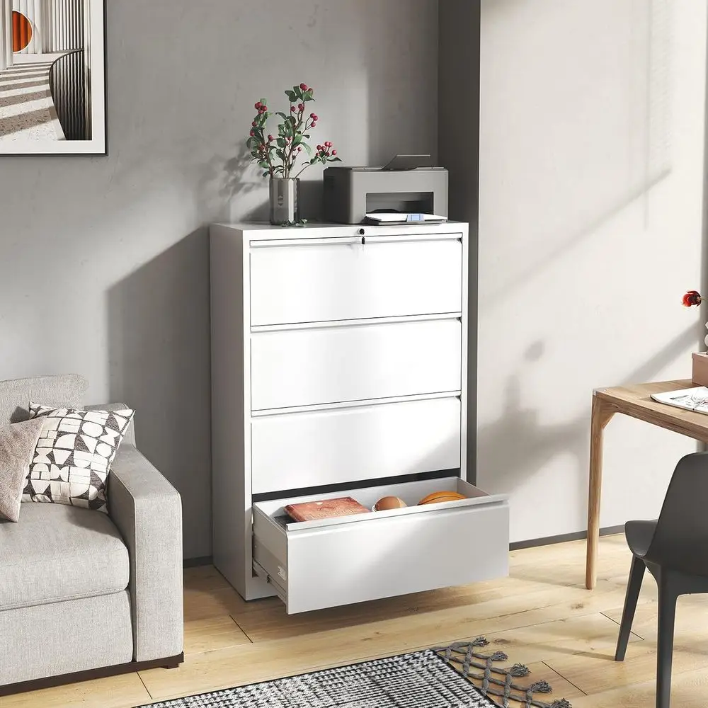 Metal Lateral File Cabinet with Lock, 4 Drawers for Home or Office, Hanging File Storage for Letter/Legal/A4 Sizes (White)