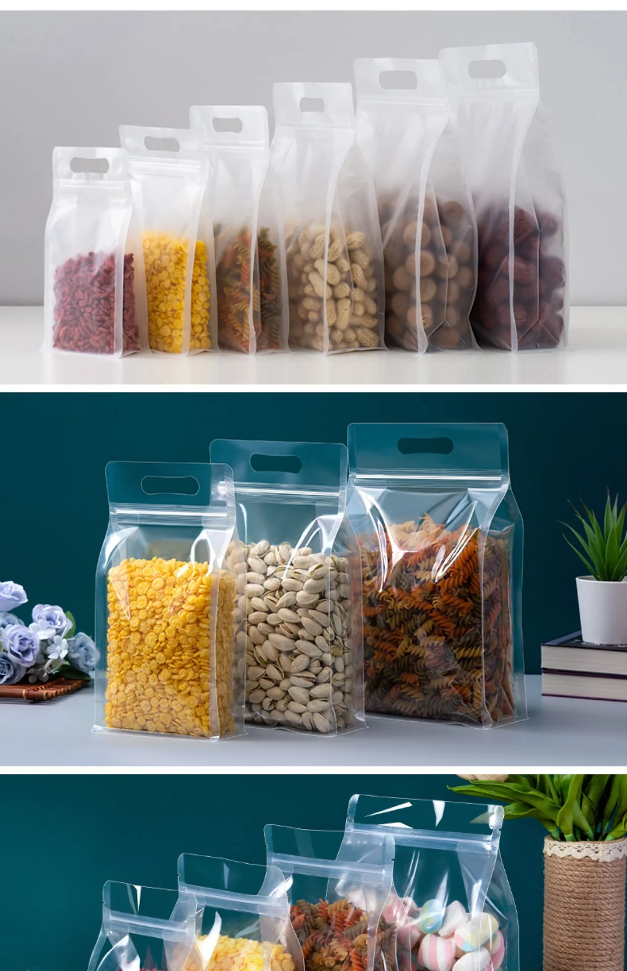 10/50 Stück Lebensmittelverpackungen, Druckverschlussbeutel, transparent, mit Griff, aufstehend, versiegelt, für die Aufbewahrung von Süßigkeiten, Nüssen, wiederverwendbarer Druckverschlussbeutel – Detail 8