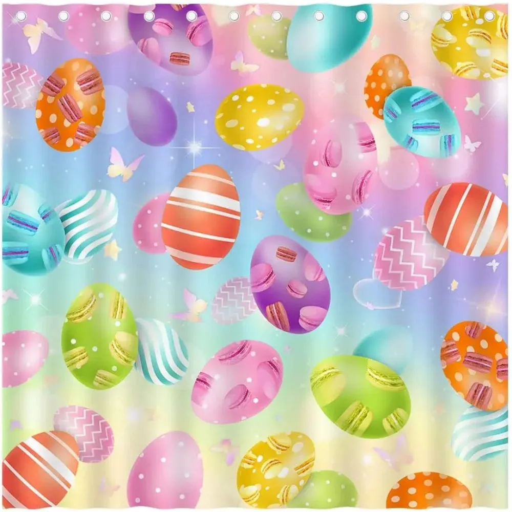 Easter Eggs Shower Curtain Spring Coloured Eggs Rabbit Butterfly Bath Curtain Polyester Fabric Home Bathroom Decor with Hooks