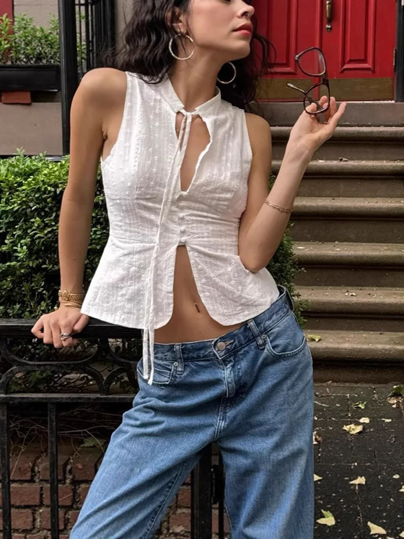 

Vintage Jacquard Tank Tops Tie Up Neck Front Cutout Summer Sleeveless Vest 2000s Aesthetic Y2K Cottage Crop Tops Streetwear