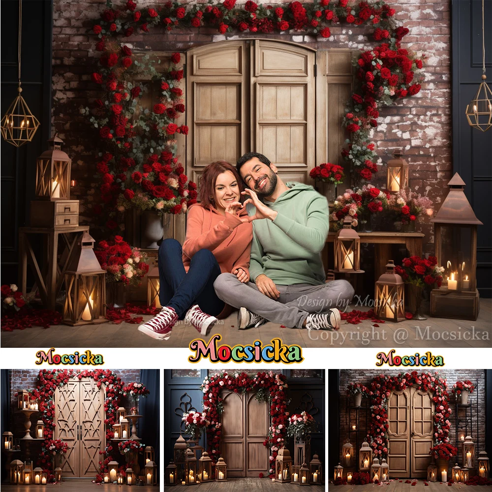 

Romantic Valentine's Day Night Backdrop Retro Red Rose Candle Decor Brick Wall Background Wallpaper Lover Adult Portrait Photo