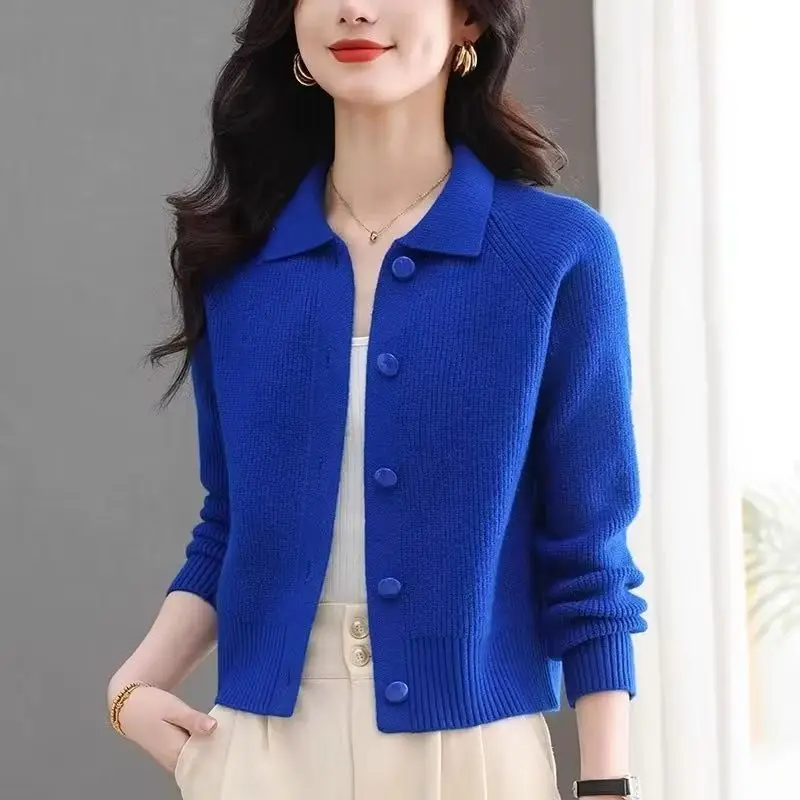 2025 Autumn New Korean Lapel Sweater Women's Loose Long Sleeve Casual All-match Short Knit Cardigan Ladies Knitwear Coat Top