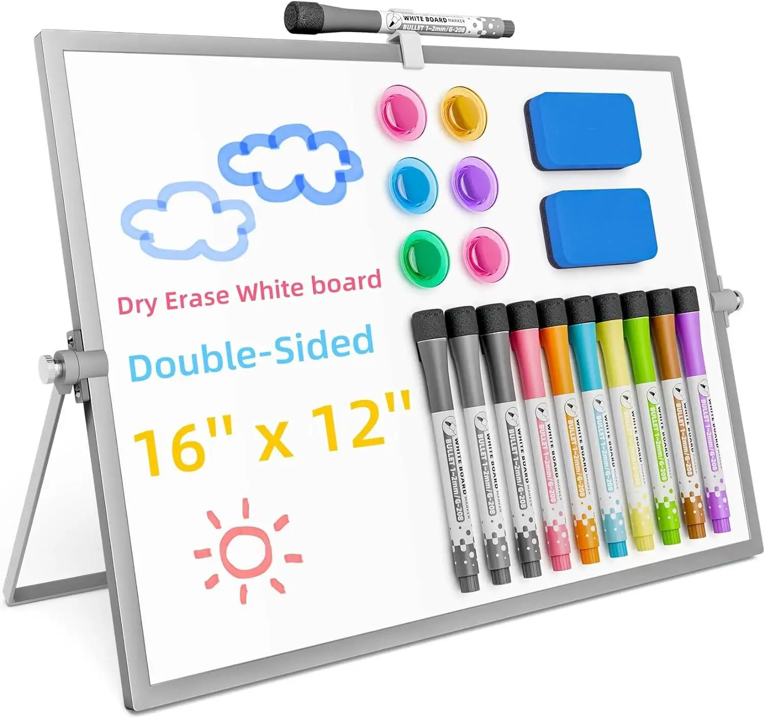 Double-Sided Dry Erase White Board, 16'' x 12'' Magnetic Desktop Whiteboard with Stand,10 Markers, 6 Whiteboard Magnets, 2 Erase