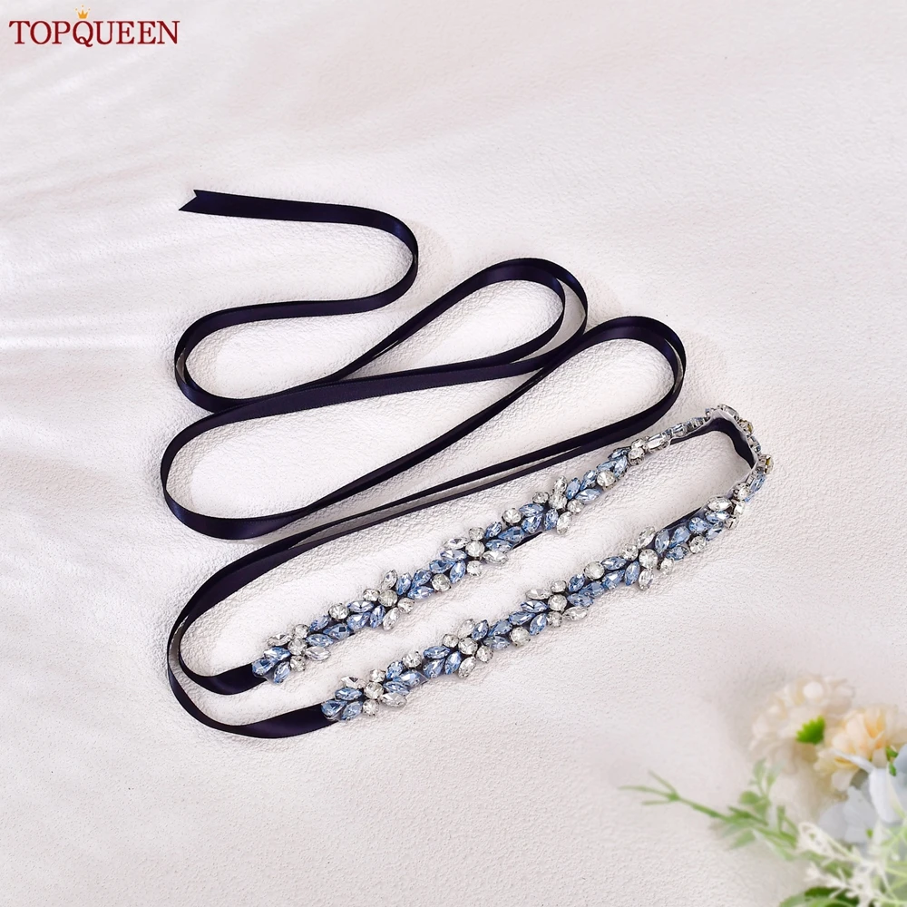 TOPQUEEN Lange dunne lichtblauwe strass riem handgemaakte bruidsaccessoires dames veelzijdige jurk bruiloft riem stropdas lint S437