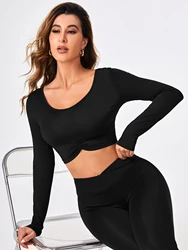 Long Sleeve Solidcolor Yoga Pilates Shirts for Women Quick Dry Elastic Slim Fit Crop Top Running Workout Breathable Sportswear