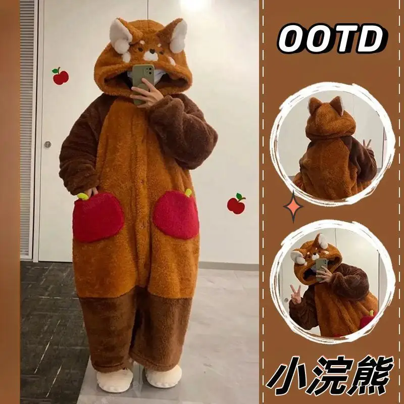 تأثيري لطيف الكرتون الراكون المرجان بيجامة من الصوف المرأة 2025 شتاء جديد سميكة قمصان النوم يمكن ارتداؤها خارج المتسكعون