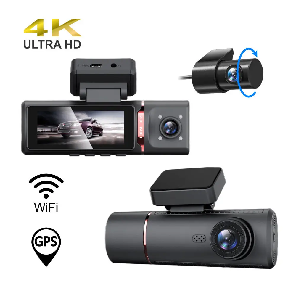 4K UHD 3 Channels Car Dash Cam Triple Lens Driving Recorder 3.0" Screen Built-in GPS Wide Angle G-sensor Car DVR