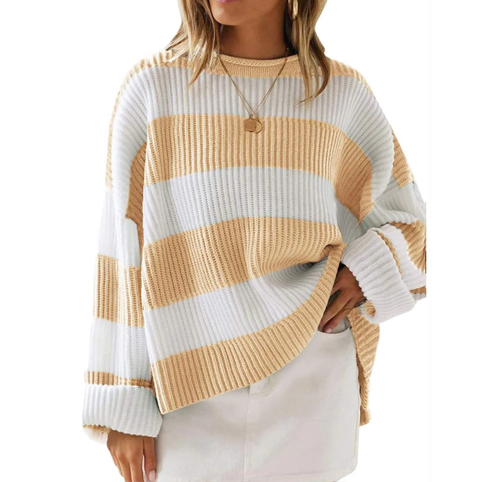 Women'S Patchwork Color Knit Sweater Crew Neck Long Sleeve Loose And Comfortable Warm Jumper Aesthetic All Match Sweater