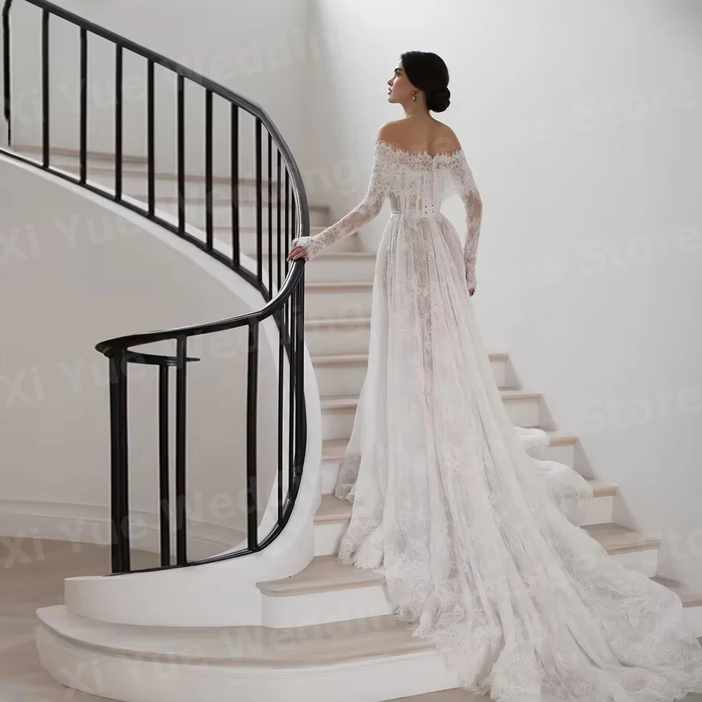 Exquisito una línea De encaje para mujer vestidos De Novia con hombros descubiertos Vestido De Novia vestidos De Novia De manga larga bata personalizada De Mariée