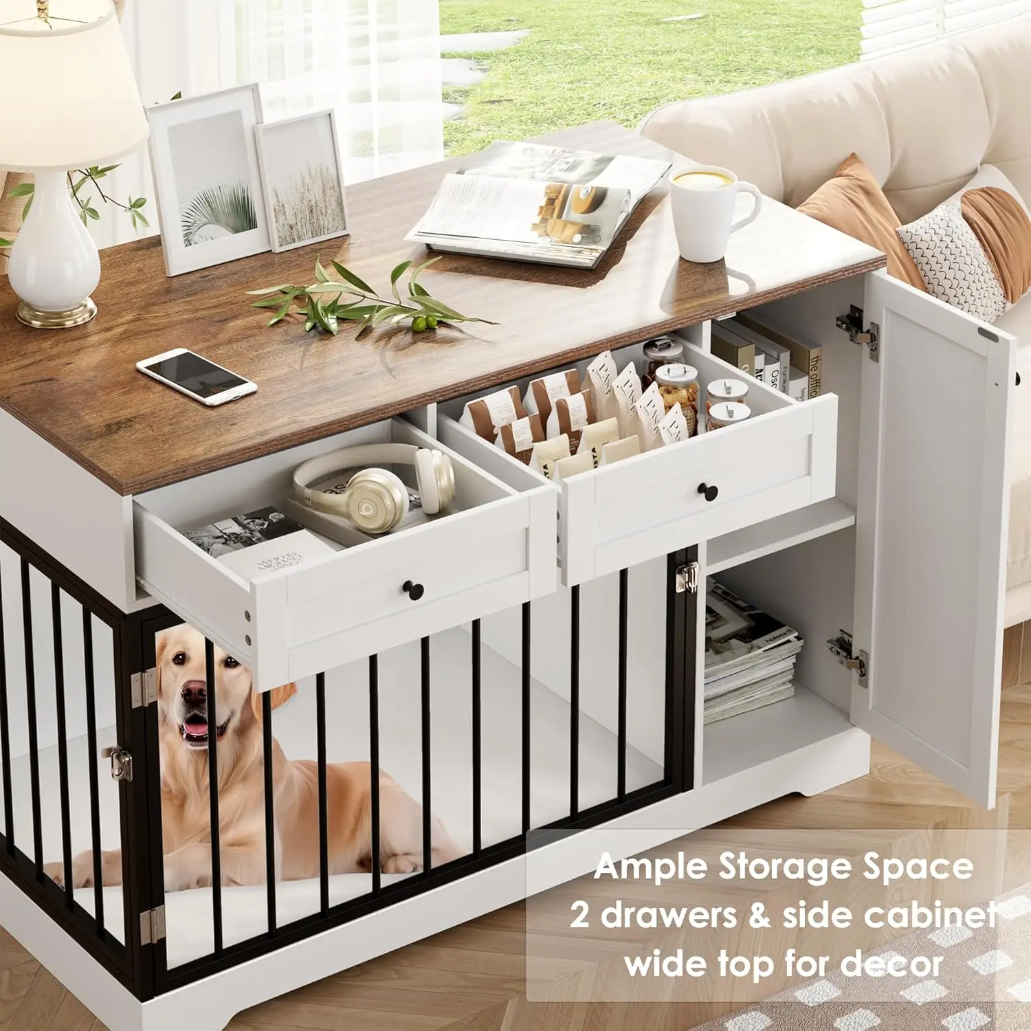 Dog Crate Furniture Kennel with Double Doors Wooden Pet House with 2 Drawers and Storage Cabinet, Indoor Dog Cage Farmhouse