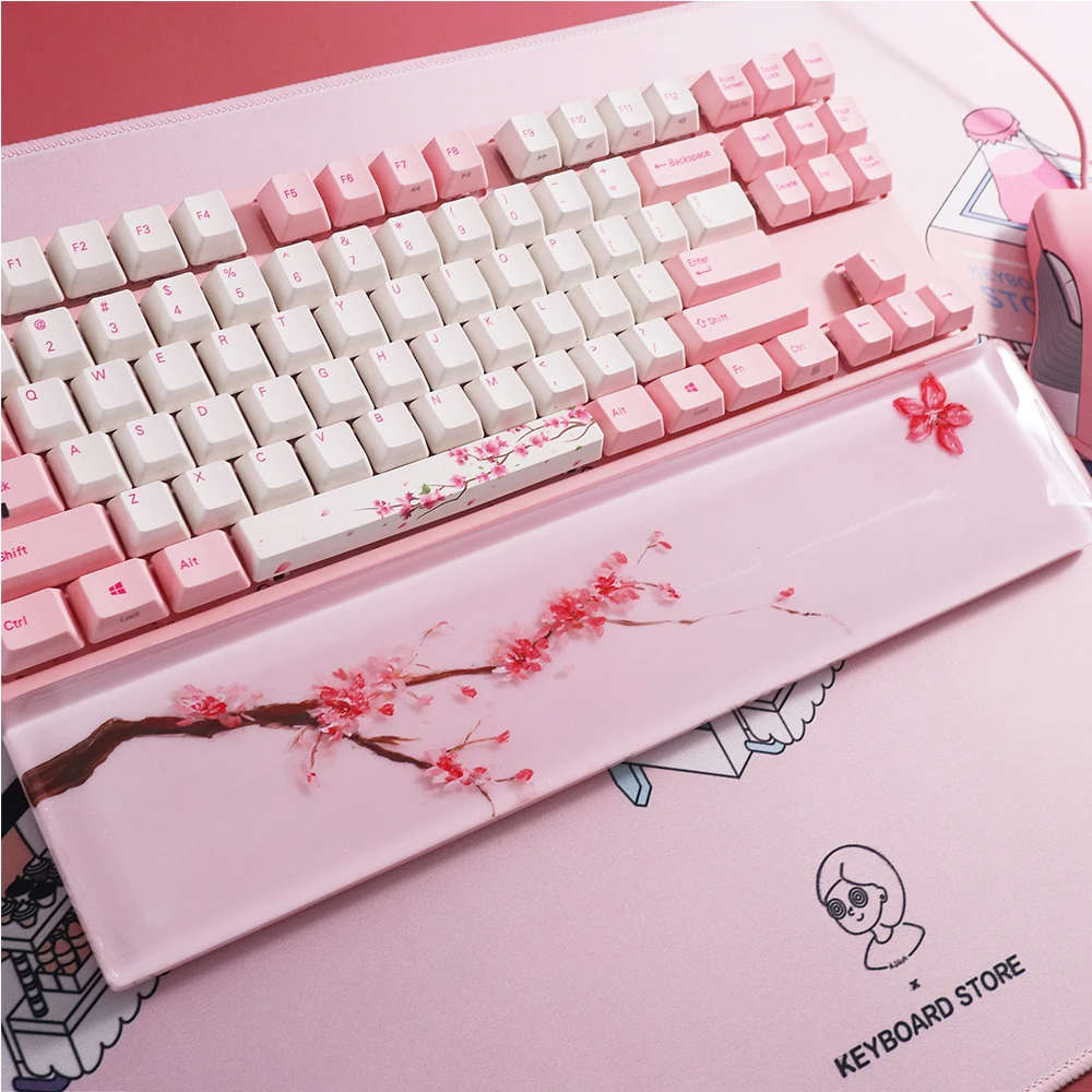 pink sakura resina teclado mao descanso para jogos mecanicos pulso resto teclado bandeja personalizado cherry blossom hand rest 01