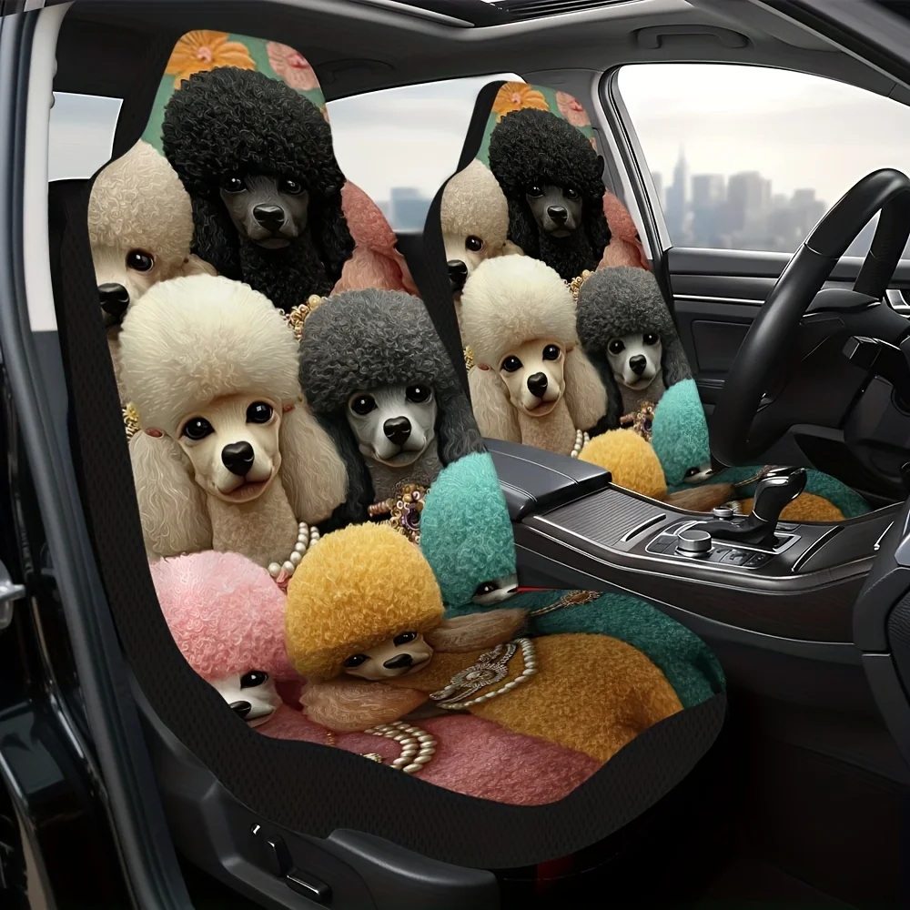 2pcs, Decorative Colorful Poodle Fantasy Themed Seat Covers, Soft Comfortable Fabric, Fit For Cars SUVs Trucks, Enhances Front