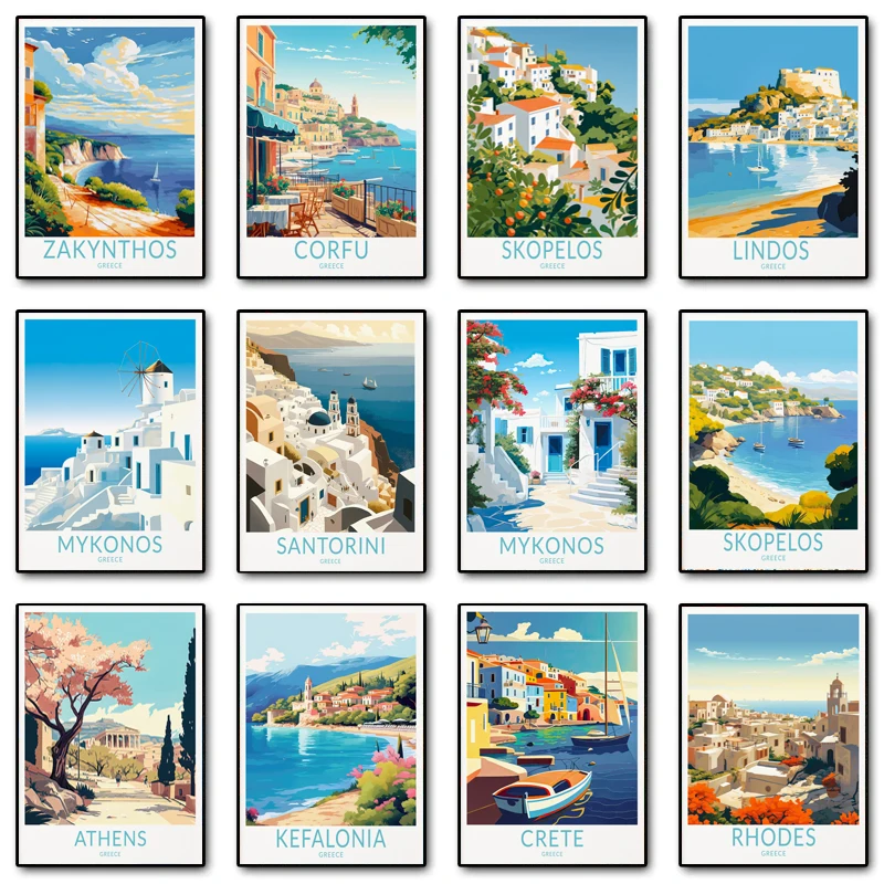 Retro Travel City Greece Santorini Island Blue Castle Landscape Poster Canvas Painting Wall Art Pictures Home Hotel Decor