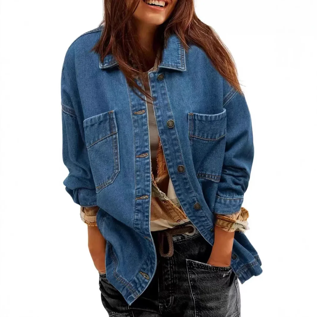 

American European New Fashion Women's Single-breasted Long Sleeve Turn-down Collar Pocket Casual Trendy Denim Jacket Female Coat