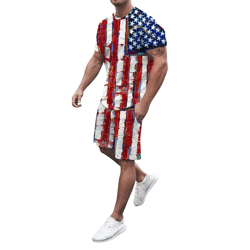 Men\'s T-shirt Sets USA American Flag 3D Print Tracksuit T Shirts Shorts 2 Pieces Streetwear Male\'s Oversized Suits Sportswear