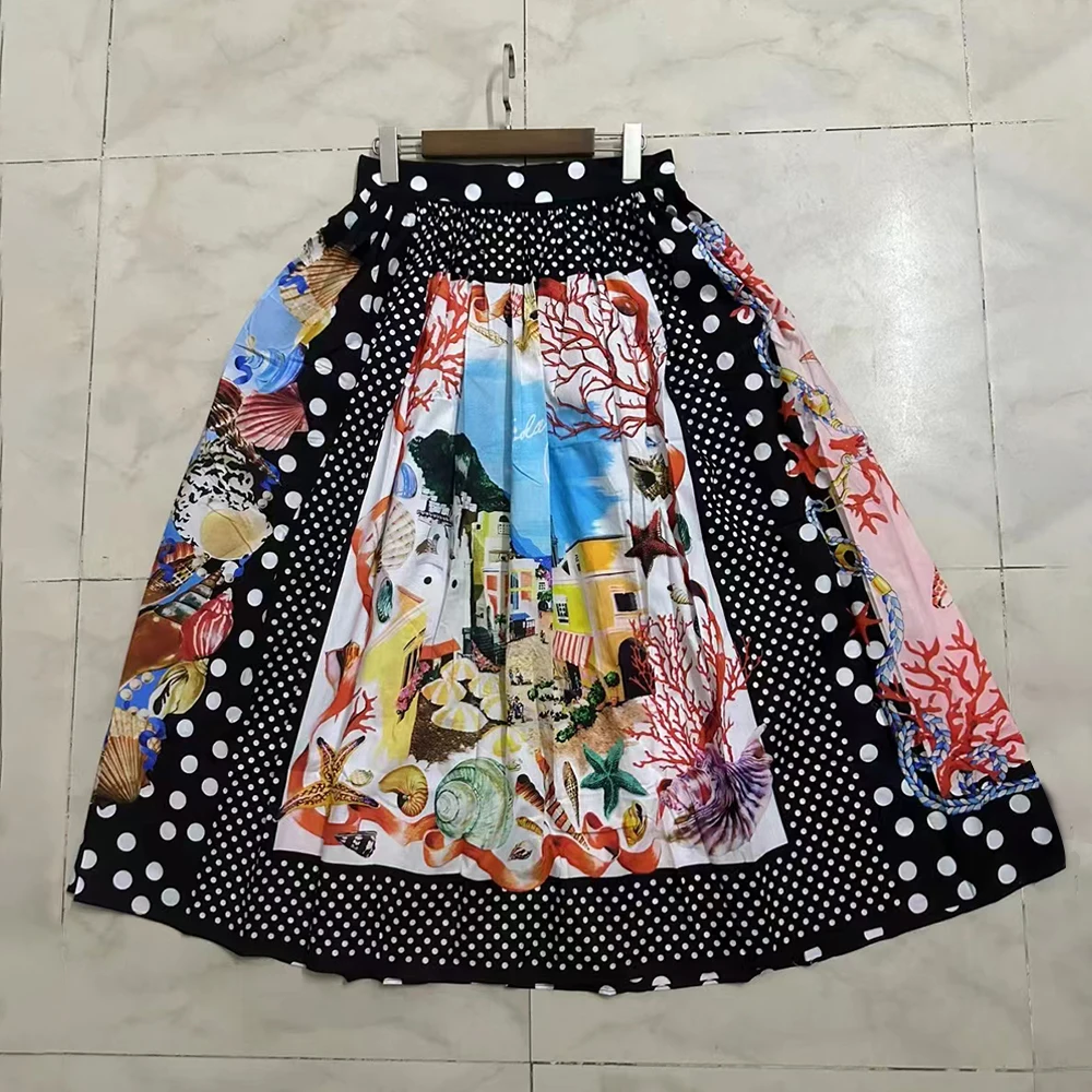 VGH Hit Color Printing Vintage A Line Skirt For Women High Waist Patchwork Pockets Loose Long Skirts Female Fashion Style New