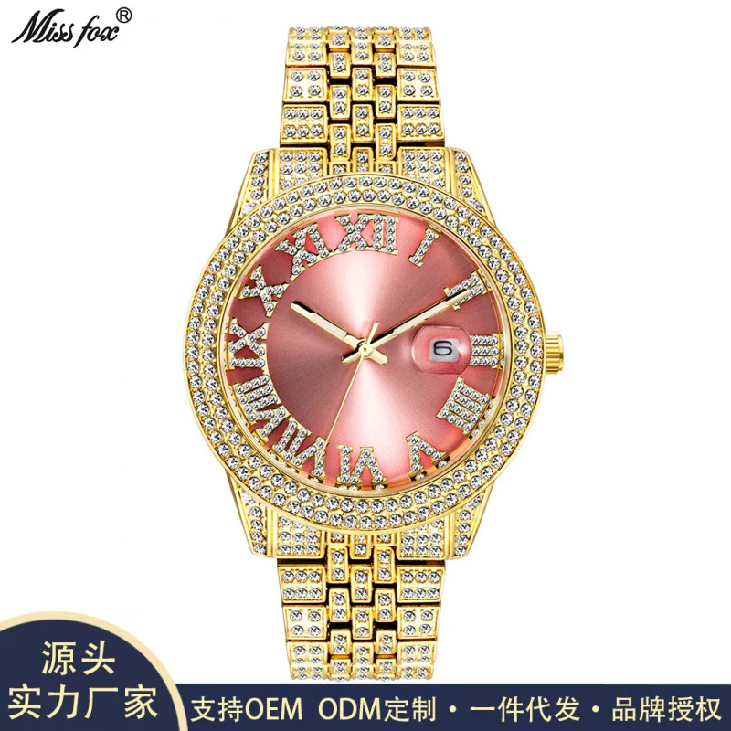 Official brand free shippingFashion Roman Rice Noodle Plate Full Diamond Waterproof Luminous QuartzMen's Watch