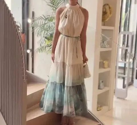

French Gentle Round Neck Sleeveless Tie Dye Dress for Summer Women, Elegant Waist Cinching Contrasting A-Line Dress