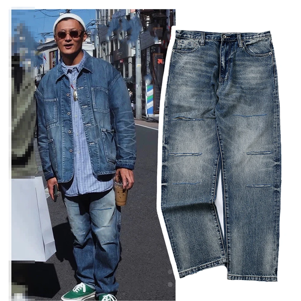

Waed Distred Patchwork Jeans Youthful Sle Straight Leg Loose Fit Durable Wear Resistant NBHD Cow King Denim Pants