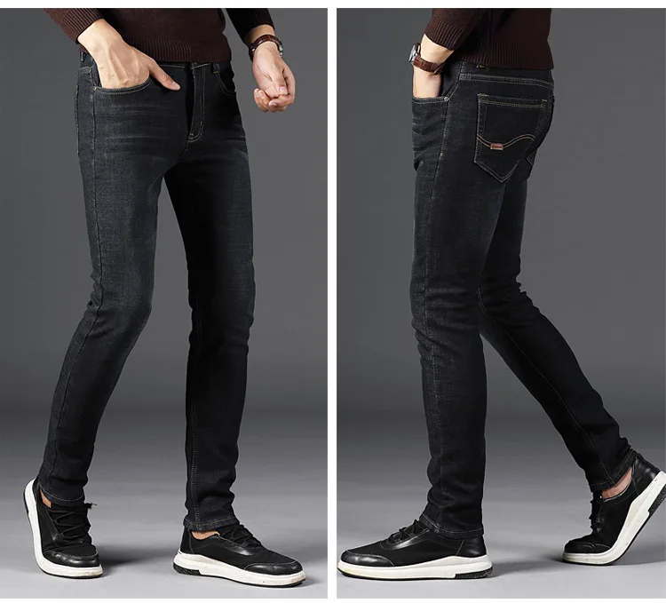 

Autumn Winter Men Fleece-Lined Denim Pants Korean Style Pure Color Stretchy Slim Straight-Leg Warm Jeans for Young Adults